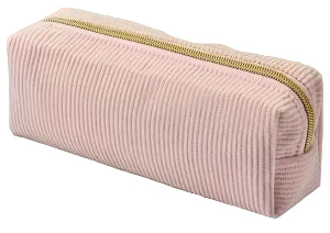 Pink textured pouch with a gold zipper on a light surface