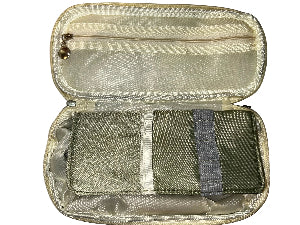 Open beige pouch with a compartment and strap on a white background