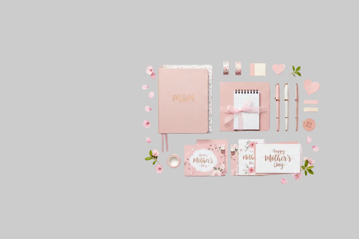 Pink stationery set with 'mom' notebook, cards, and decorative items on a white background